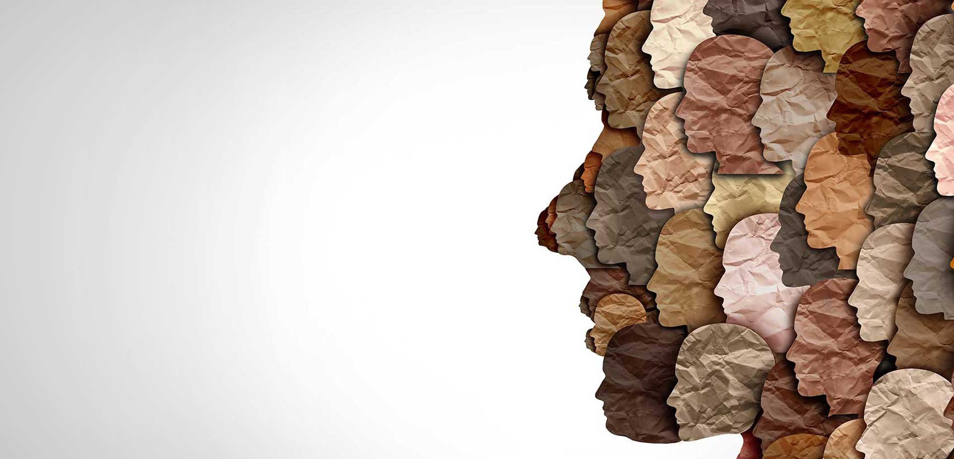 Colagem de vários formatos de rosto formando um rosto maior, em alusão à diversidade, inclusão e respeito nas empresas